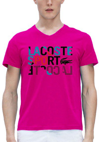 לקוסט-LACSOTE TSHIRT MEN V NECK DESGIN SHORT - Pink
