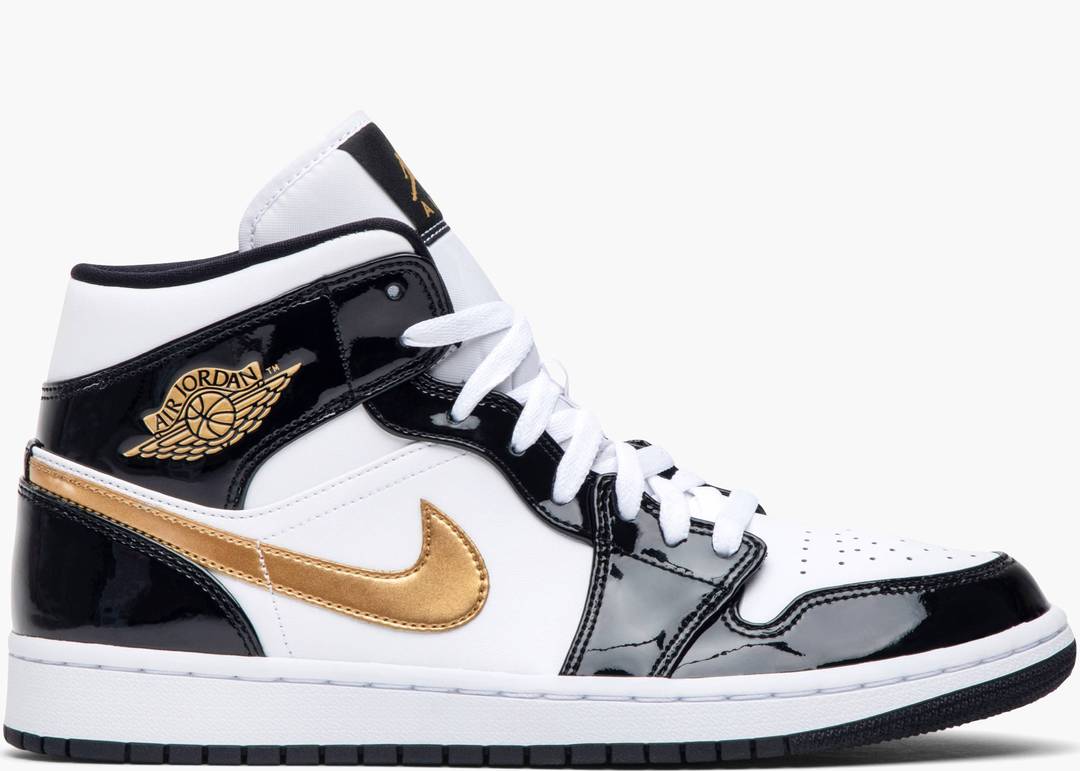 נייק ג'ורדן-Nike Air jordan 1 Mid - Patent Black White Gold